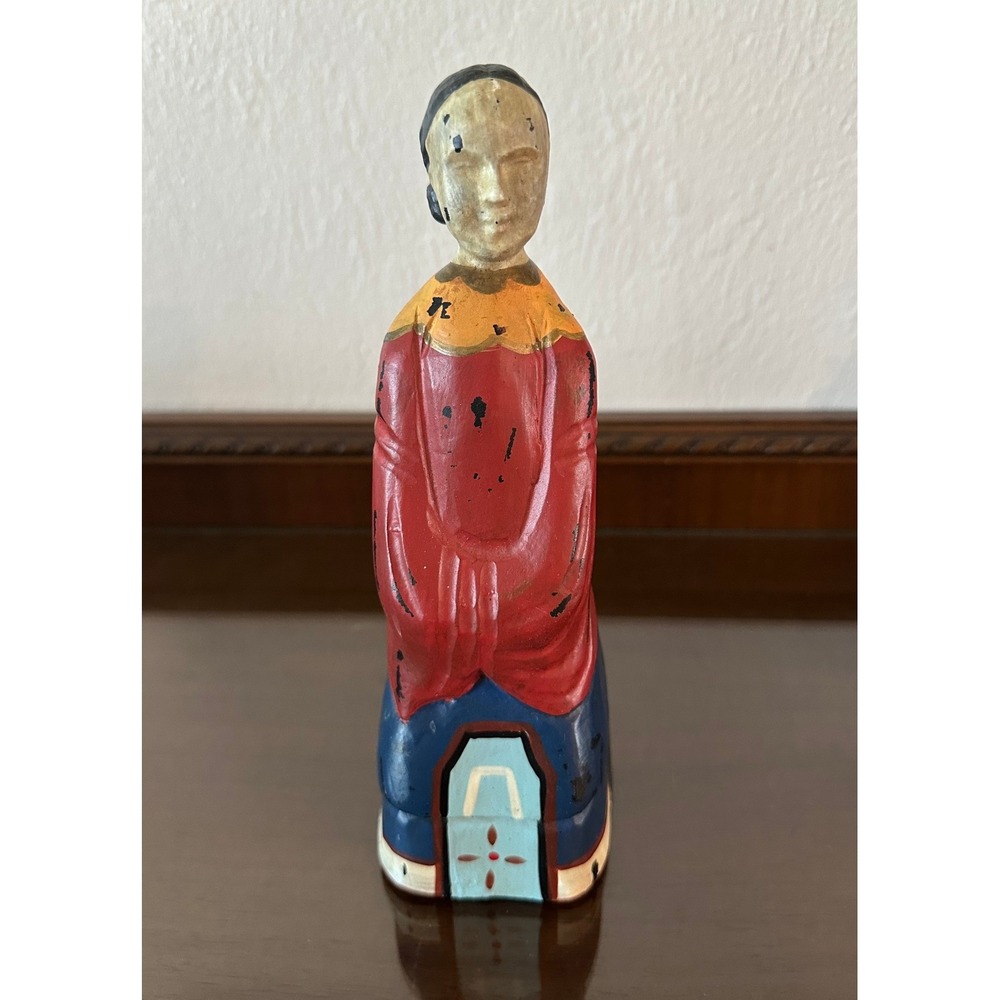 Vintage Asian Woman Chalkware Figurine Hand Painted Folk Art Statue 9 Inch